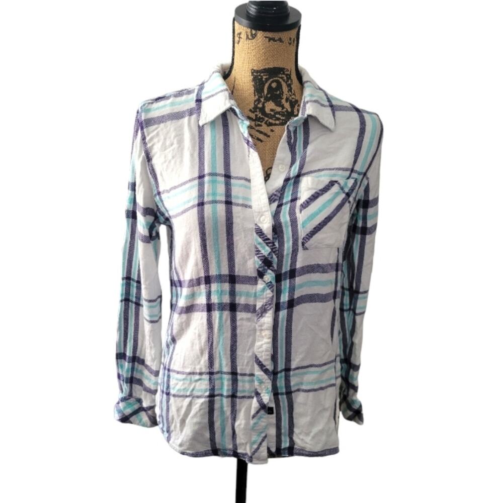 Small Rails soft white and blue plaid flannel button down shirt